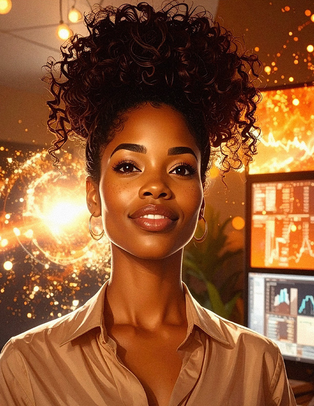An illustration of a woman with modern e-commerce dashboard with generative AI data visualizations in background.