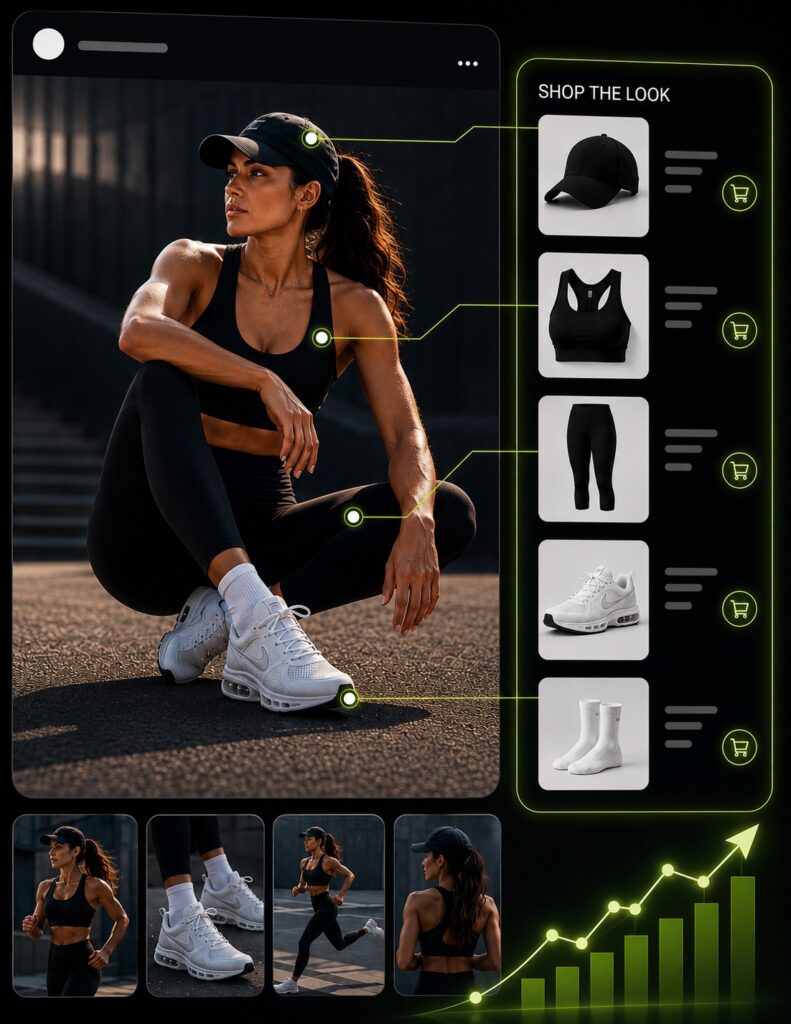 Shoppable Instagram feed integrated into a Shopify storefront featuring interactive product tagging, Shop the Look functionality, and social commerce product discovery.