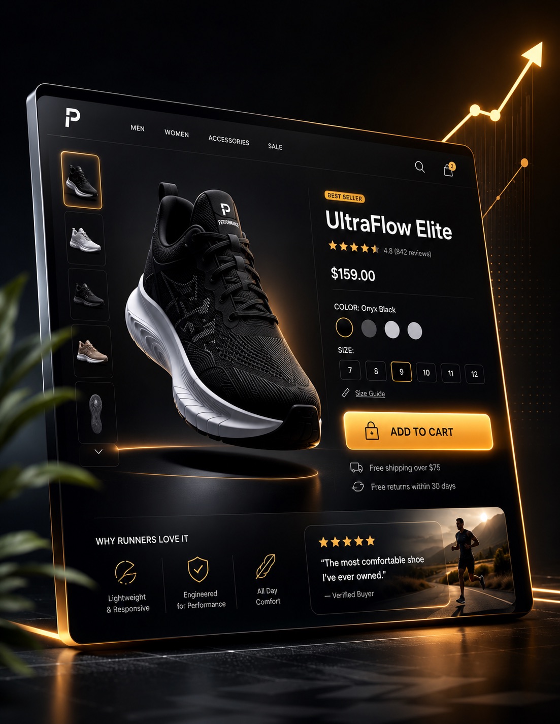High-converting product page design for Shopify featuring optimized product media, trust signals, reviews, and conversion-focused ecommerce UX.