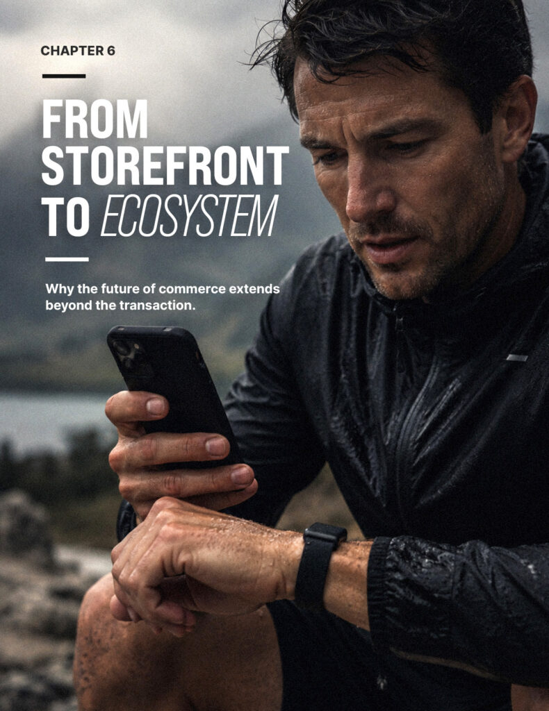 Brand ecosystem — a small group of trail runners gathered at a pre-dawn trailhead, representing community over transaction
