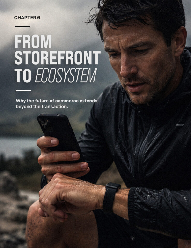 Brand ecosystem — a small group of trail runners gathered at a pre-dawn trailhead, representing community over transaction