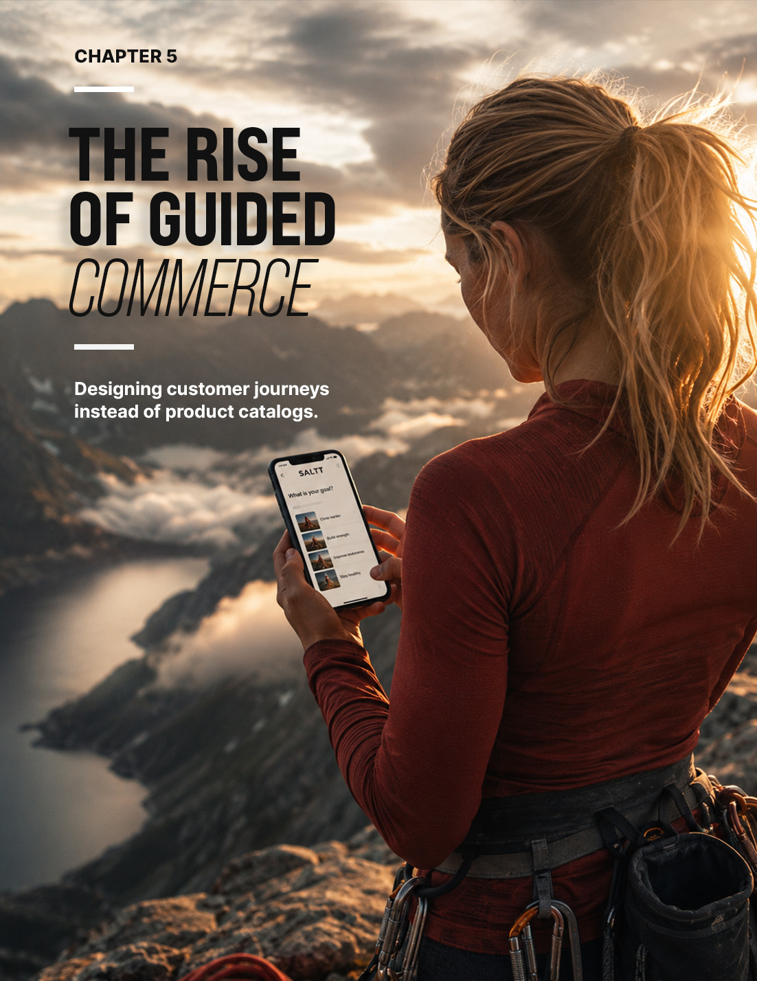 Guided selling in ecommerce — trail race flags leading into fog, representing a customer journey with the path already decided